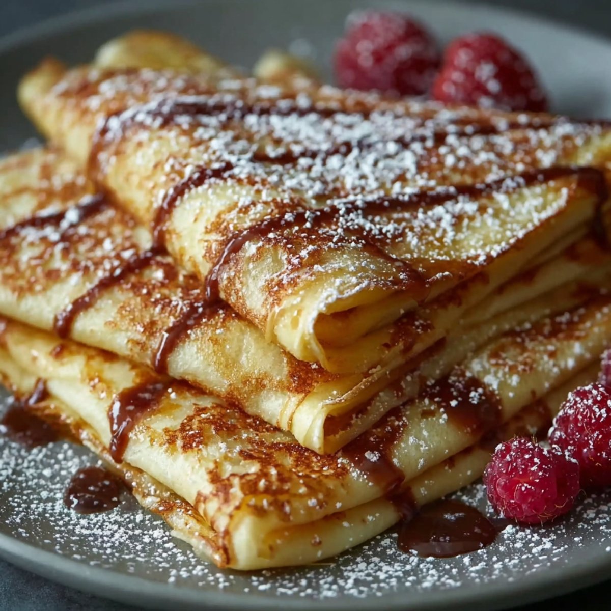 "Stack of folded crepe recipe dusted with powdered sugar, drizzled with chocolate sauce, and served with fresh raspberries."