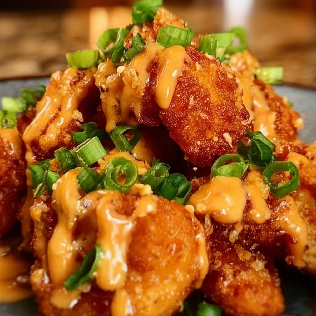 "Finished crispy bang bang chicken bites drizzled with creamy spicy sauce and topped with chopped green onions, served on a plate."