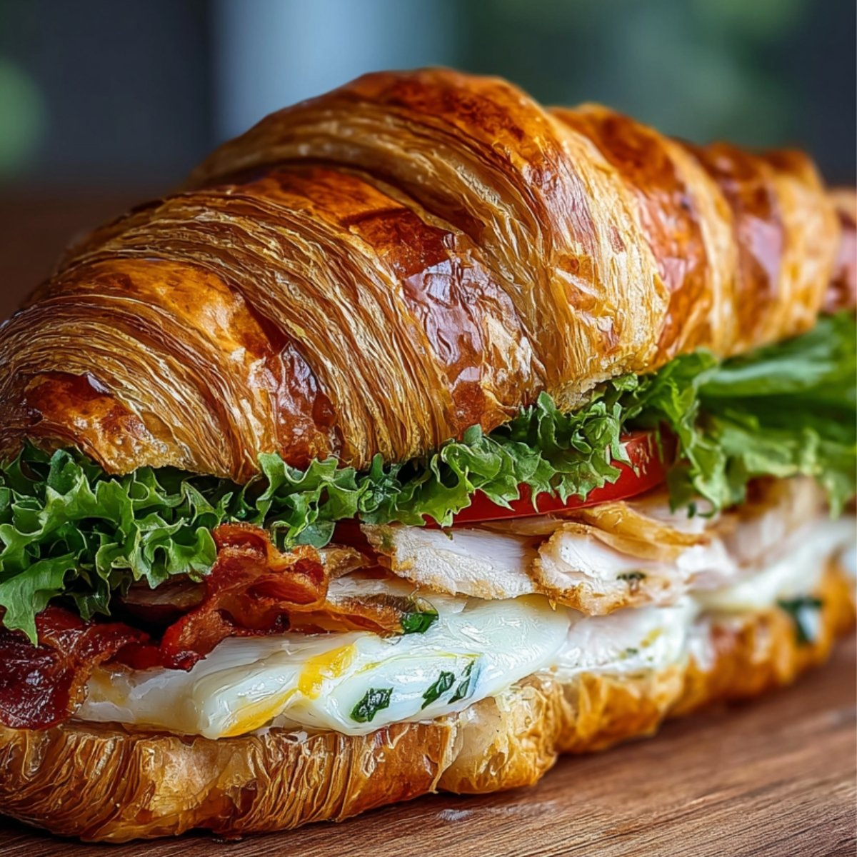 Large croissant sandwich filled with bacon, lettuce, tomato, chicken, and egg, stacked high with fresh layers.