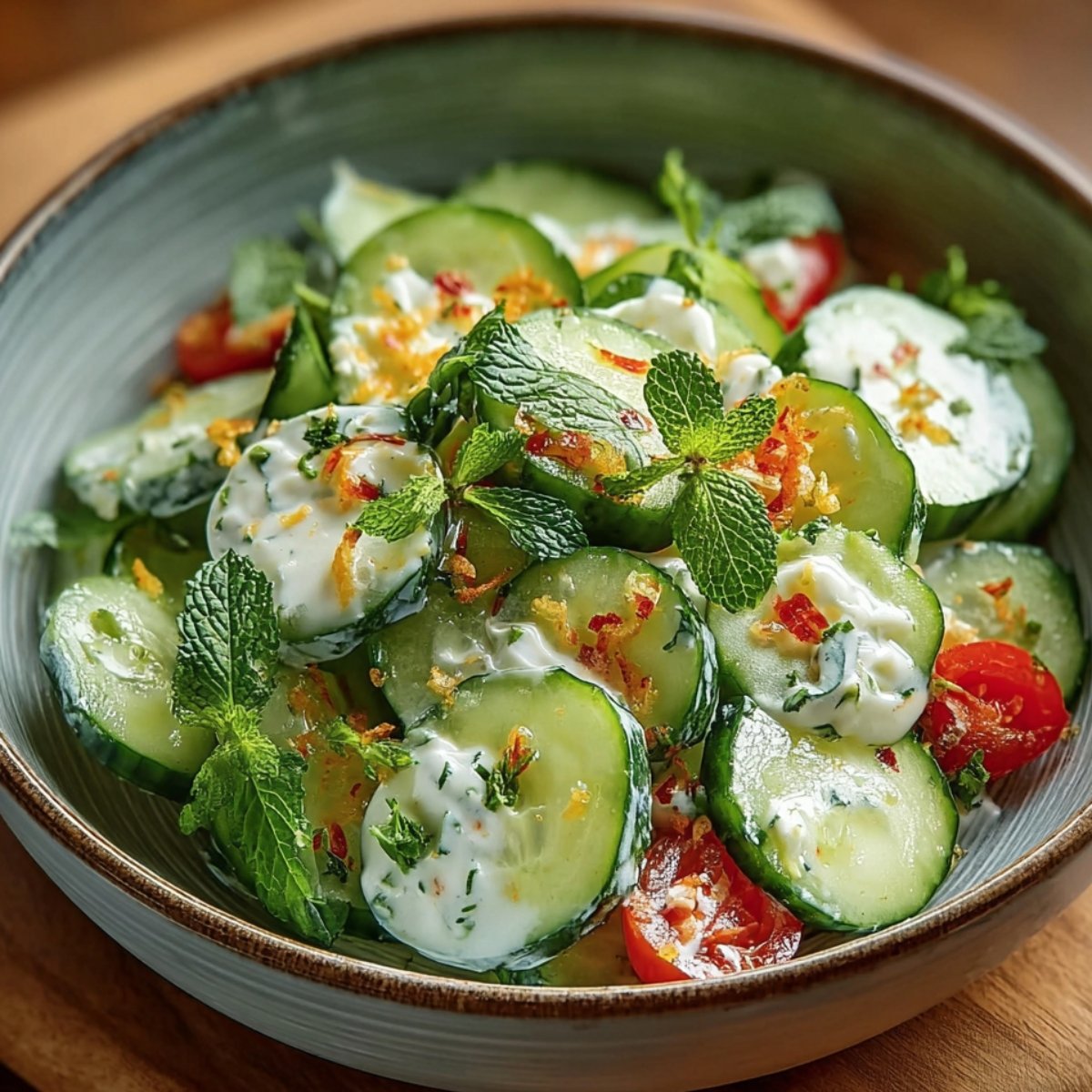 Fresh cucumber salad served in a bowl, with sliced cucumbers, cherry tomatoes, creamy dressing, fresh mint leaves, and sprinkled seasoning.