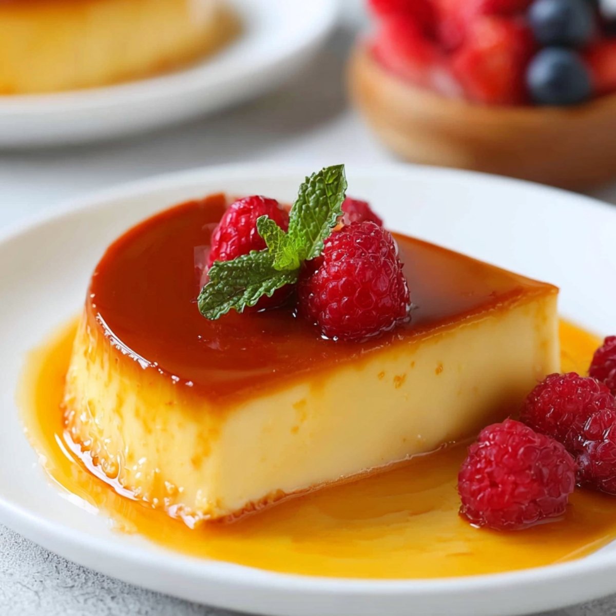 A slice of homemade flan recipe served on a plate, topped with raspberries and a mint leaf. Caramel sauce is pooled around the flan, giving it a rich and glossy look.