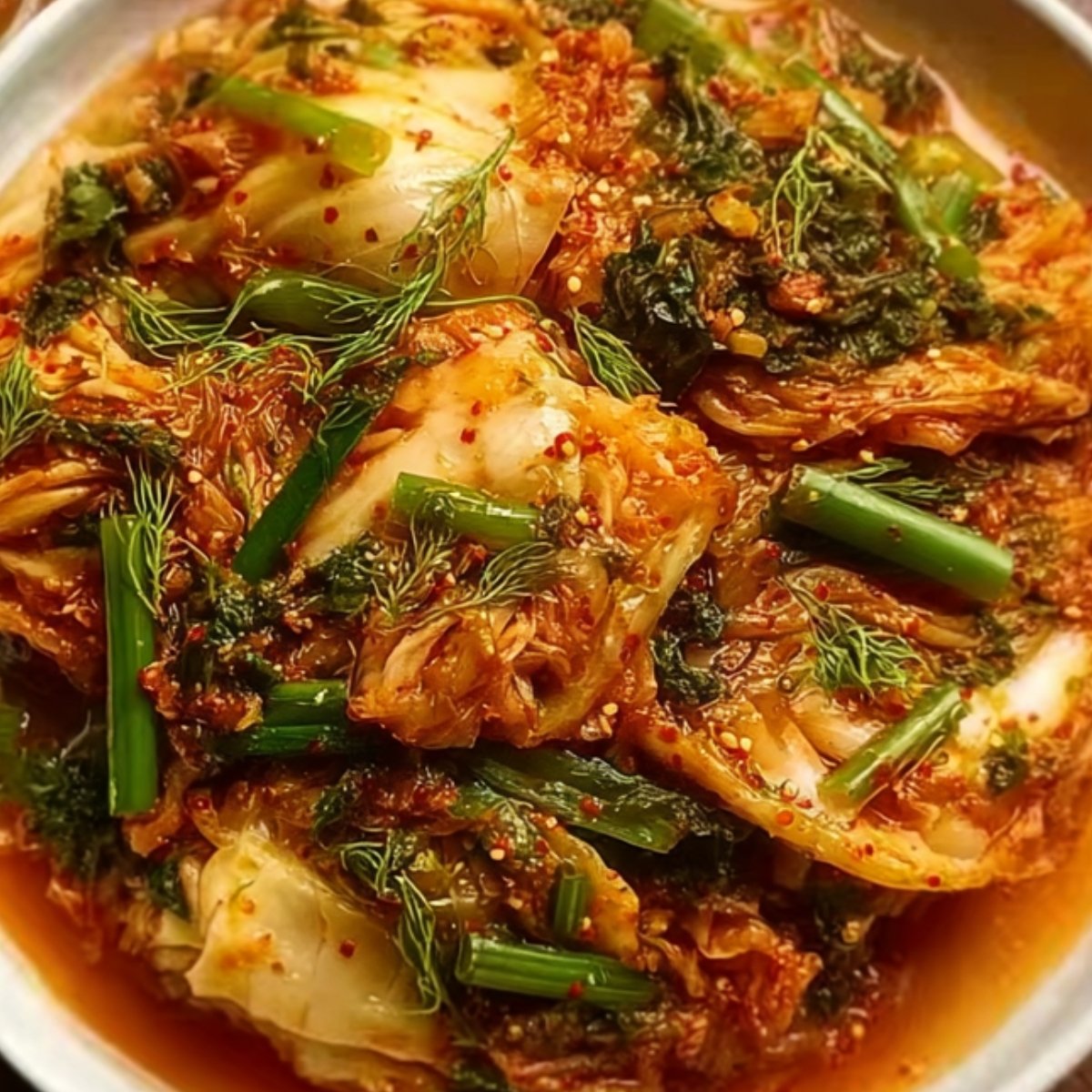 A close-up of freshly prepared homemade kimchi, with napa cabbage and green onions mixed in a red, spicy marinade. The kimchi is vibrant, with a rich color and texture, making it look fresh and flavorful.