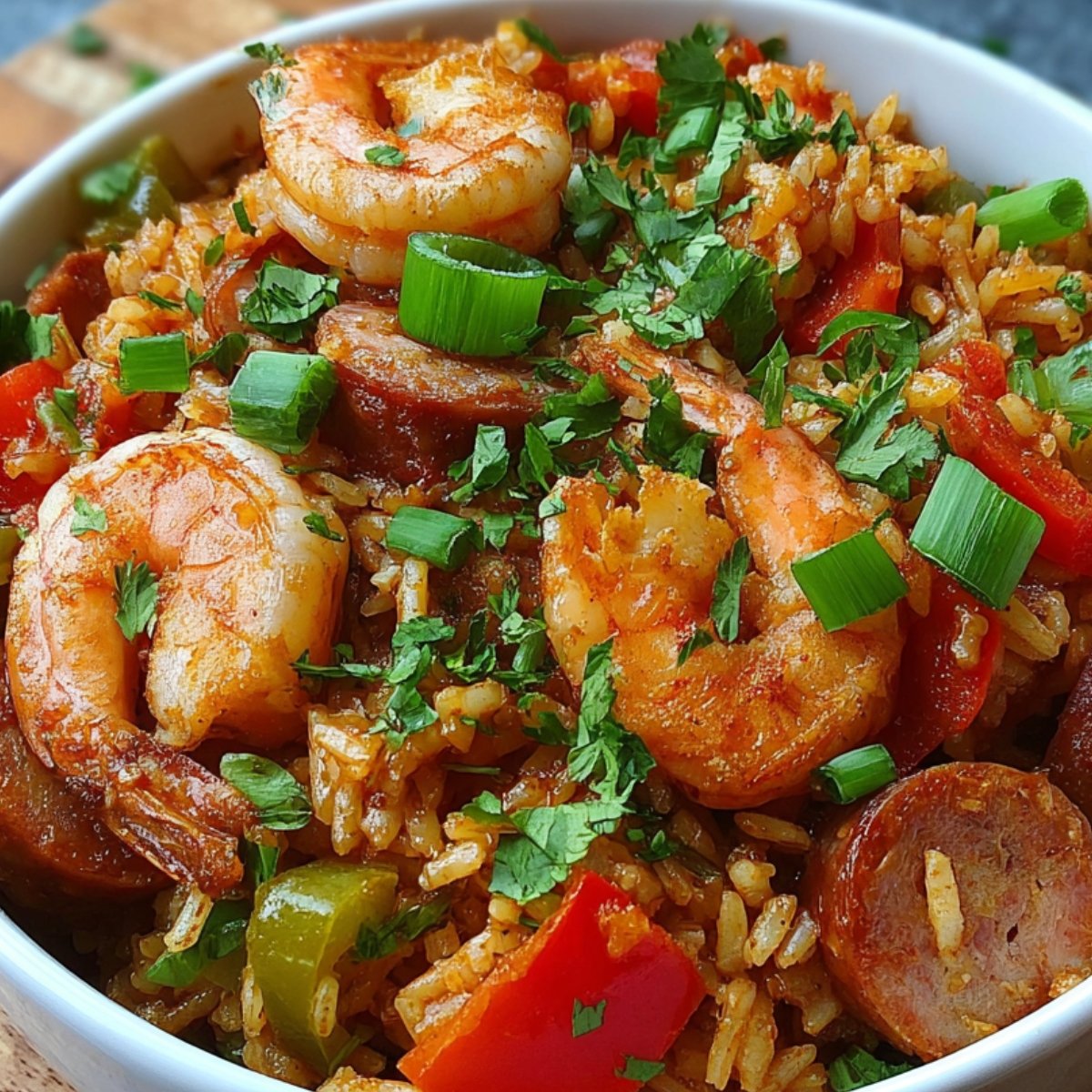 A hearty bowl of jambalaya reciepe with shrimp, sausage, and colorful vegetables, topped with fresh green onions and parsley for added flavor and garnish.