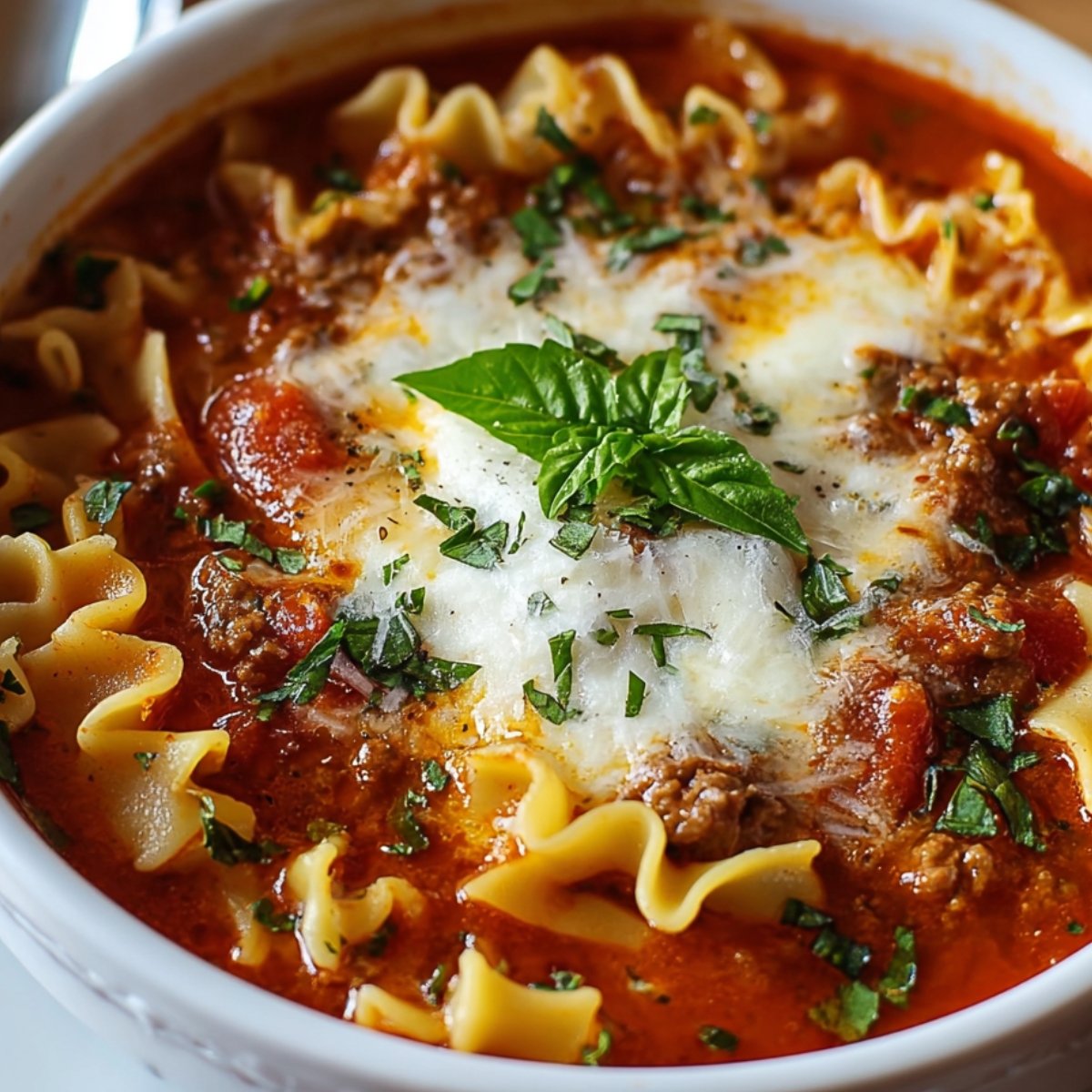 A finished bowl of lasagna soup with wide lasagna noodles, melted mozzarella on top, fresh parsley, and a basil leaf garnish.