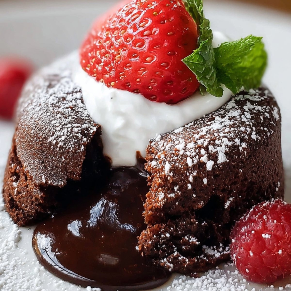 "Plated molten chocolate lava cake recipe with a gooey center, topped with whipped cream, fresh strawberry, mint leaves, and powdered sugar, served with raspberries."