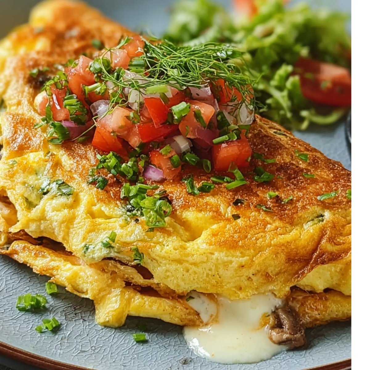Cooked omelette recipe stuffed with melted cheese and veggies, topped with fresh salsa and herbs.