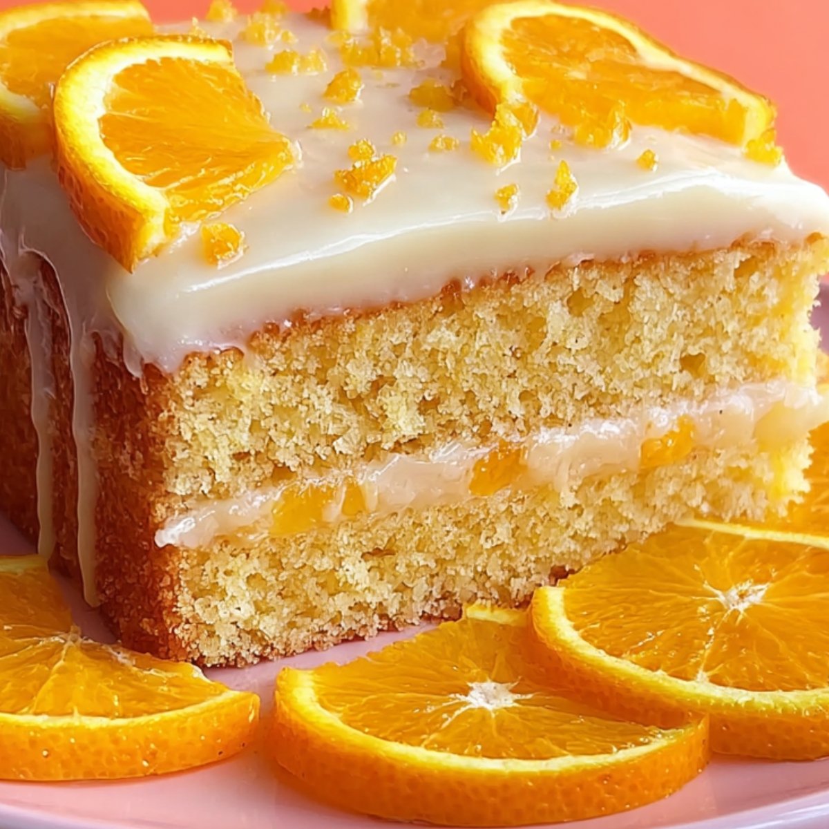 Slice of homemade orange cake layered with cream and topped with orange glaze, decorated with orange slices.