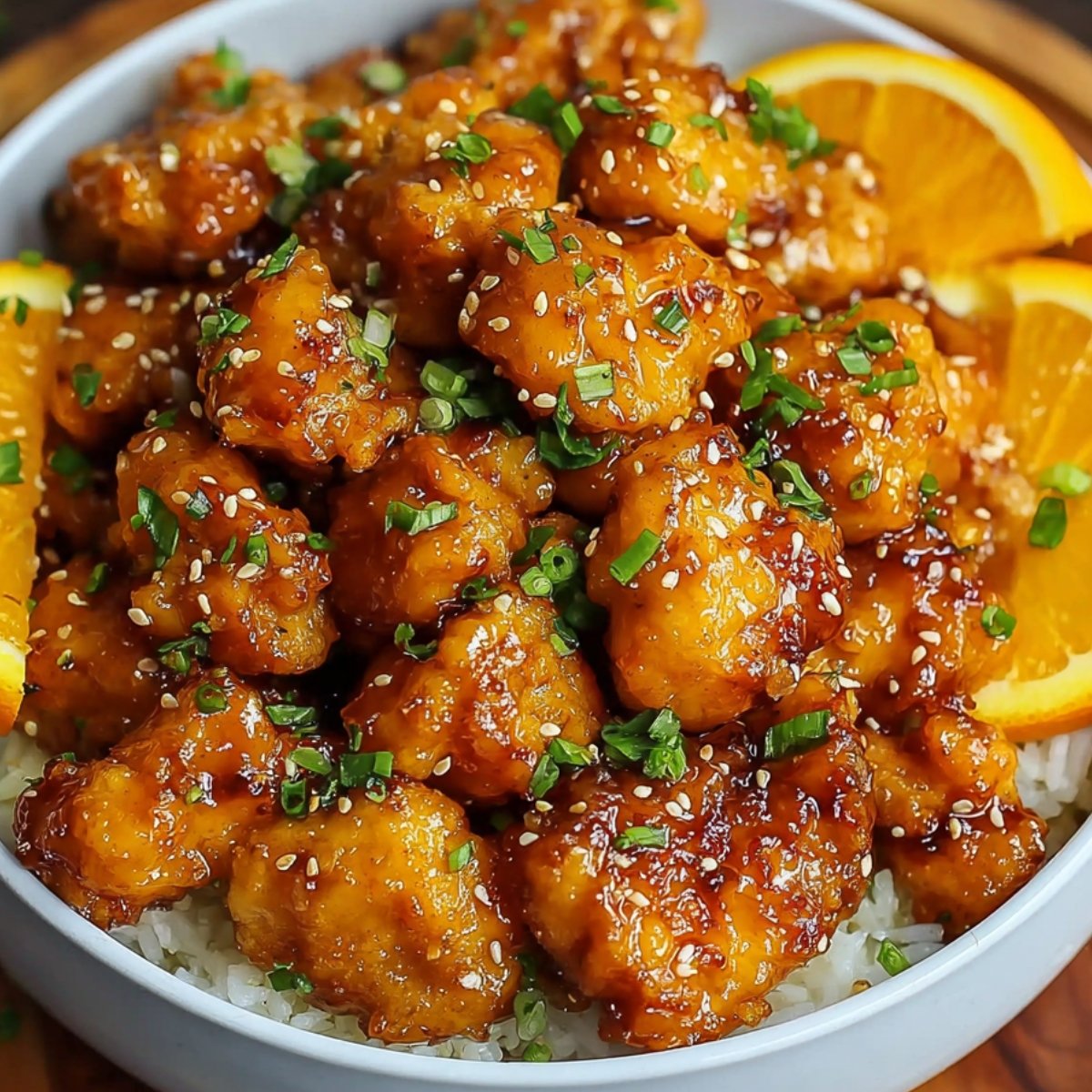 A bowl of homemade orange chicken recipe served on white rice, garnished with sesame seeds, chopped green onions, and orange slices on the side.