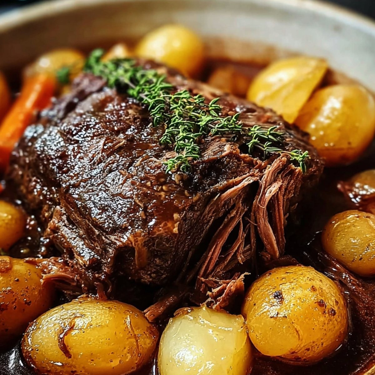 "Tender homemade pot roast with golden baby potatoes, carrots, and pearl onions simmered in rich gravy, topped with fresh thyme."