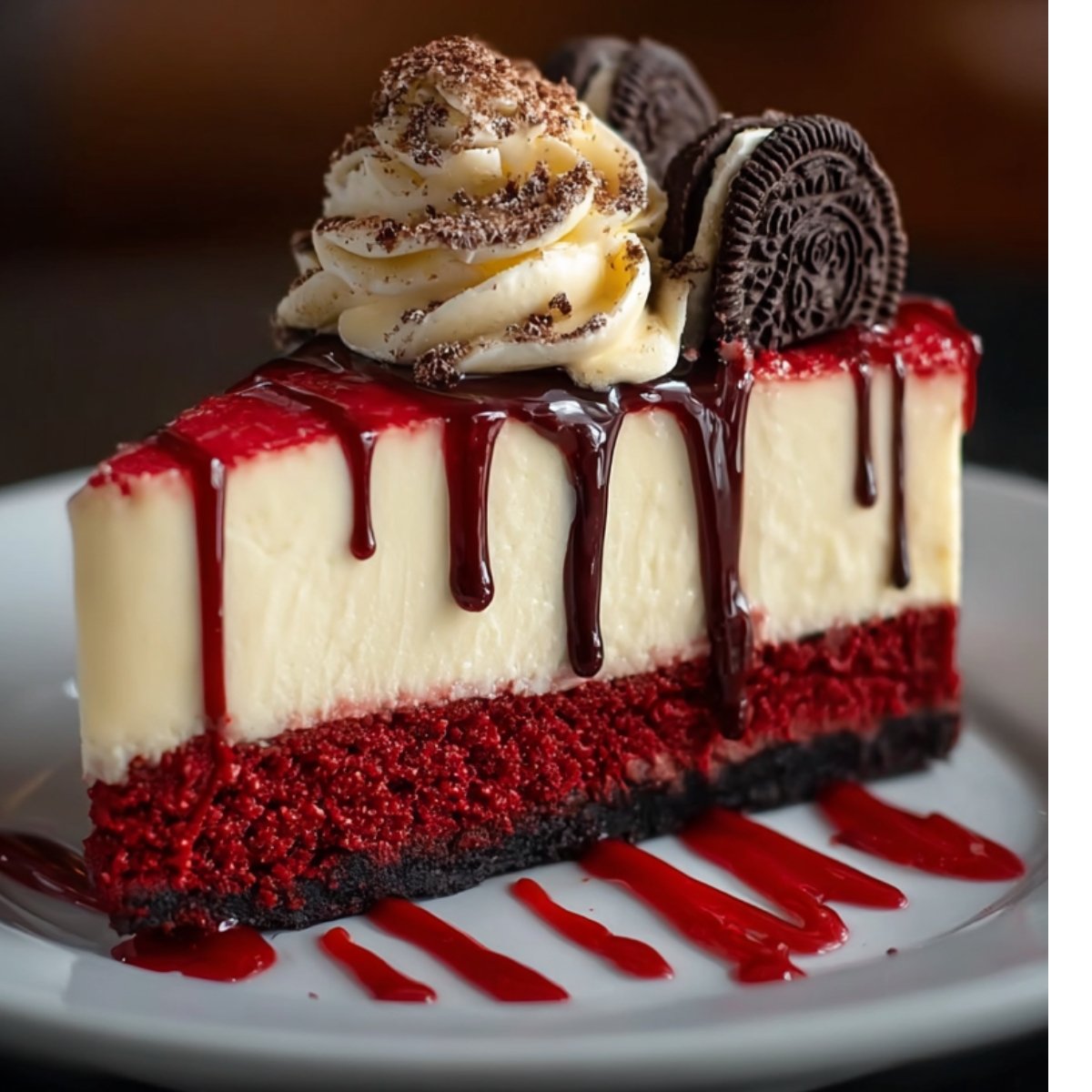 A decadent slice of red velvet cheesecake topped with whipped cream, chocolate cookies, and drizzled with red and chocolate sauce, served on a white plate.
