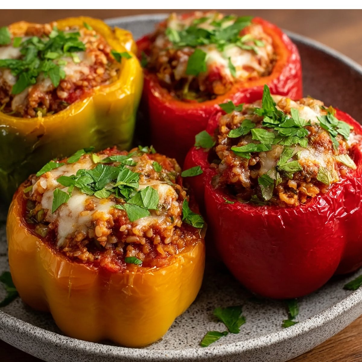 “Homemade stuffed bell peppers on plate topped with melted cheese and fresh parsley garnish.”