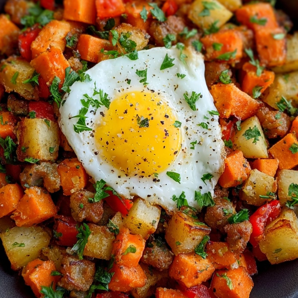 Homemade sweet potato hash topped with a fried egg and garnished with parsley.