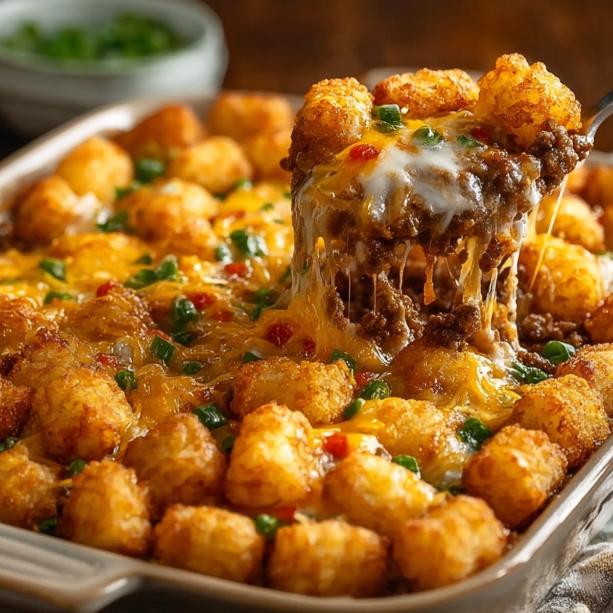 A baking dish of tater tot casserole being scooped out, showing ground beef, melted cheese, crispy tater tots, and garnished with diced green onions and peppers.