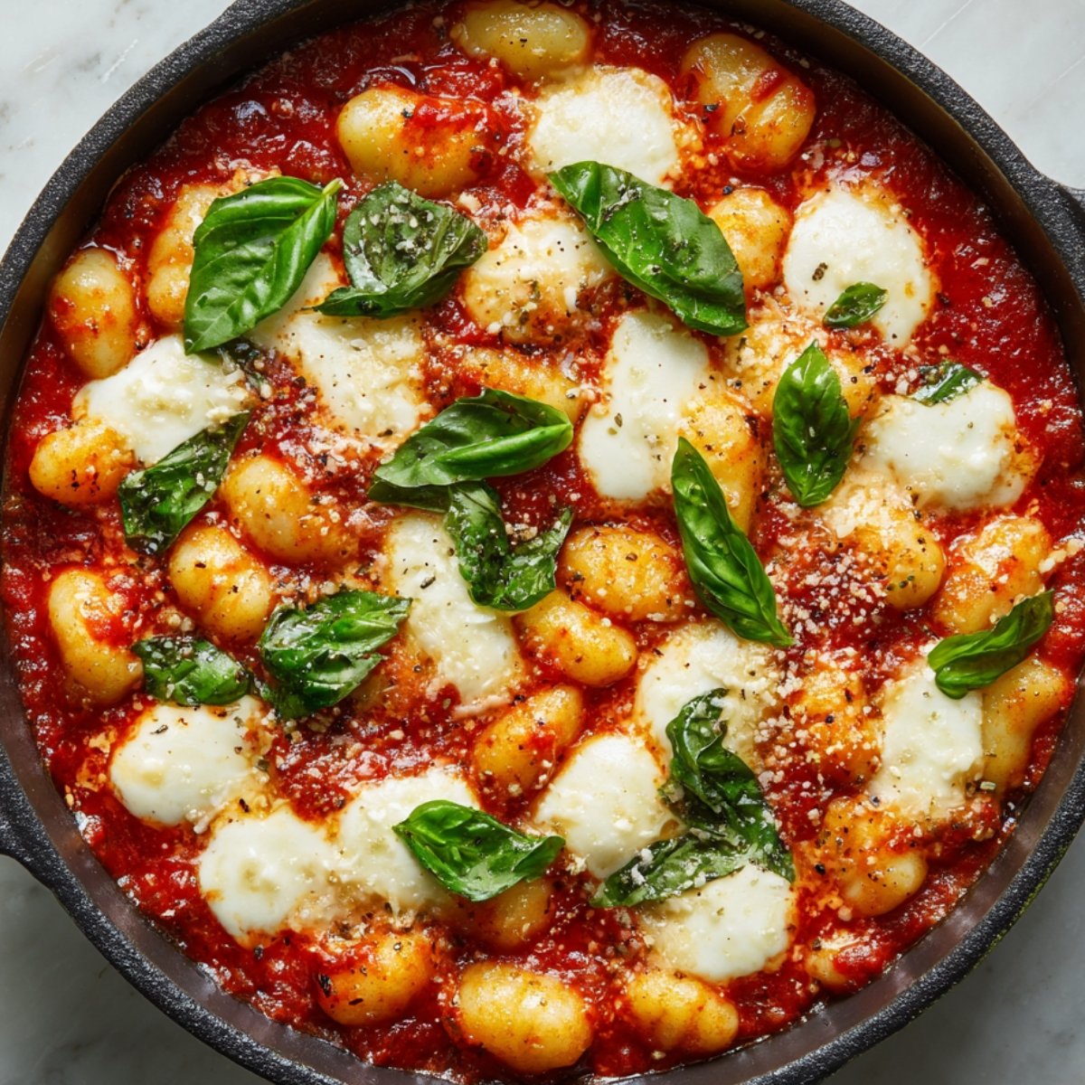 A skillet of baked tomato gnocchi in tomato sauce, topped with melted mozzarella, parmesan, and fresh basil leaves.
