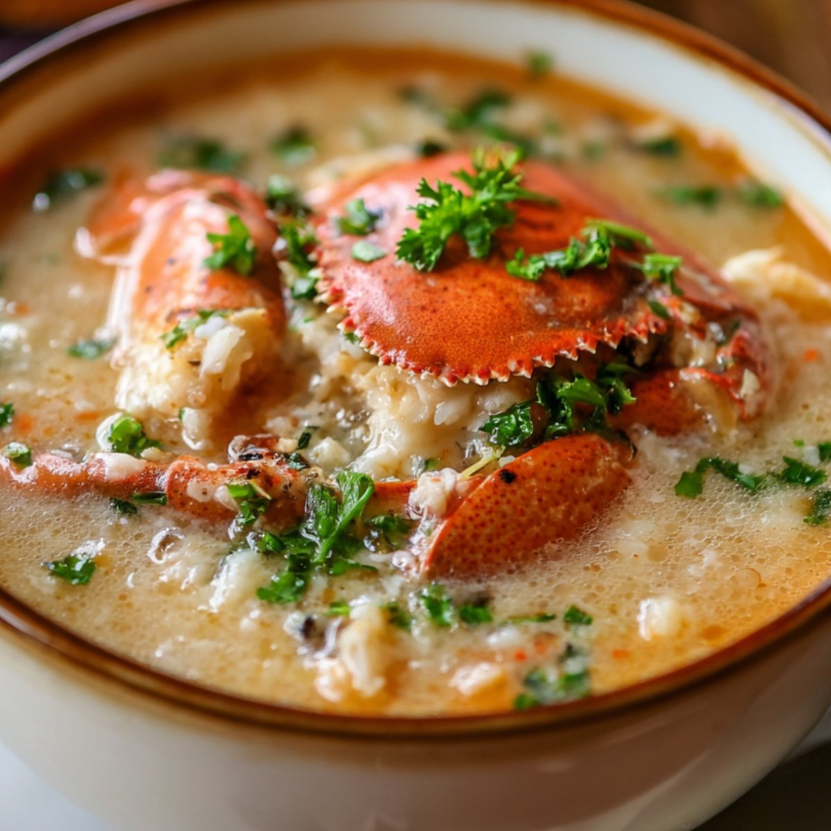 Close-up of a bowl of homemade crab soup featuring a whole crab claw, creamy broth, chopped parsley, and visible crab meat chunks.
