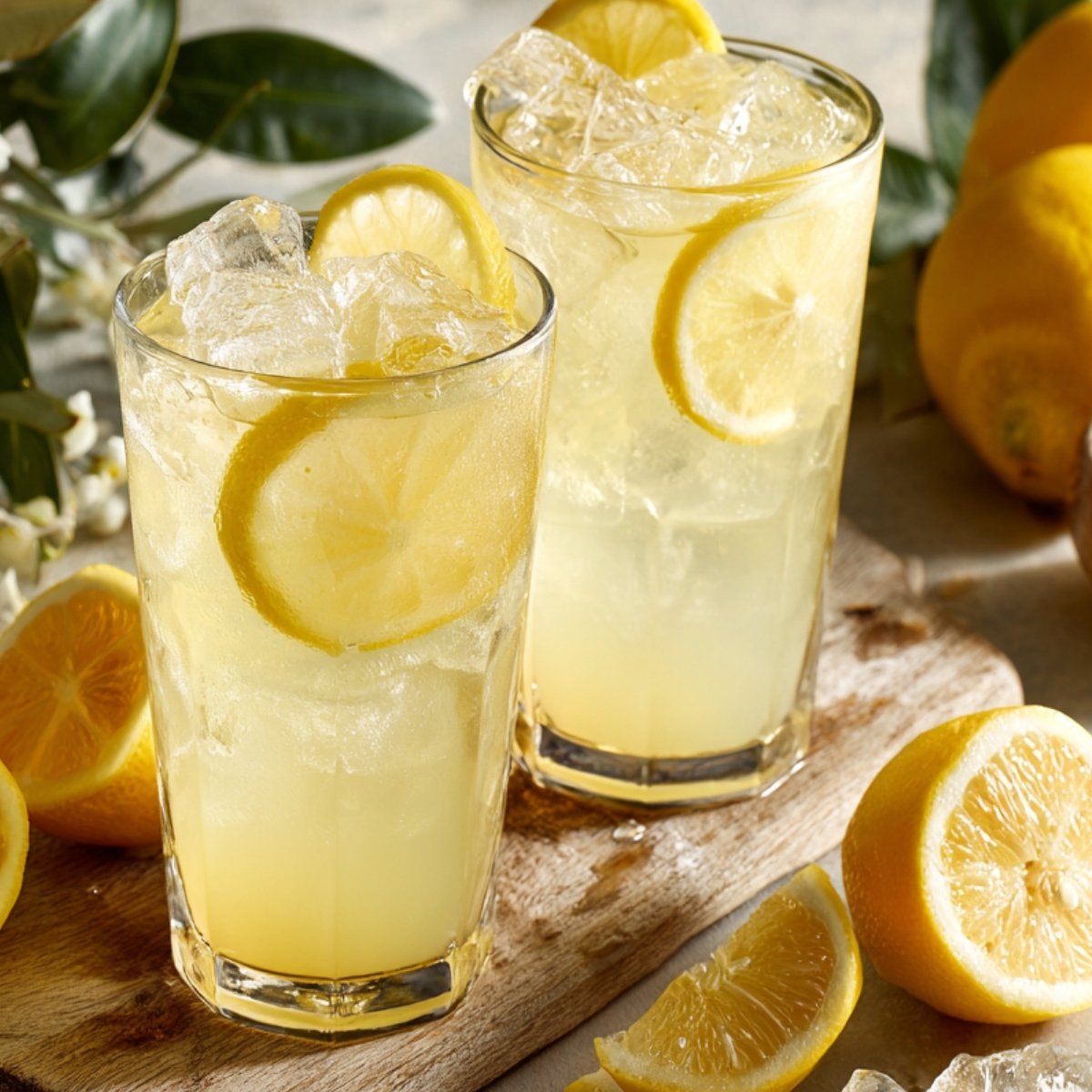 Two tall glasses of iced lemonade with lemon slices, surrounded by fresh lemons and greenery.