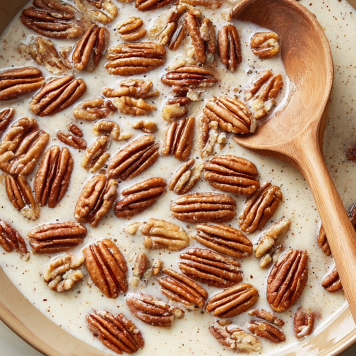 A close-up of whole pecans floating in a creamy, spiced sauce with a wooden spoon resting in the bowl.