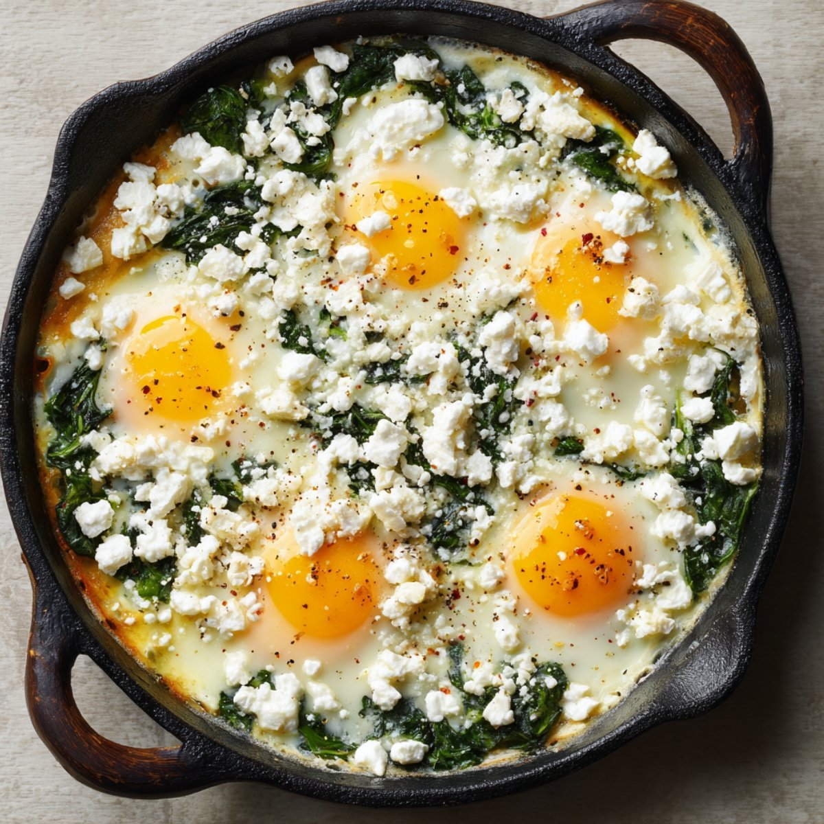 Baked eggs in a skillet with spinach and crumbled feta cheese, garnished with black pepper. Yolks are intact and slightly runny.