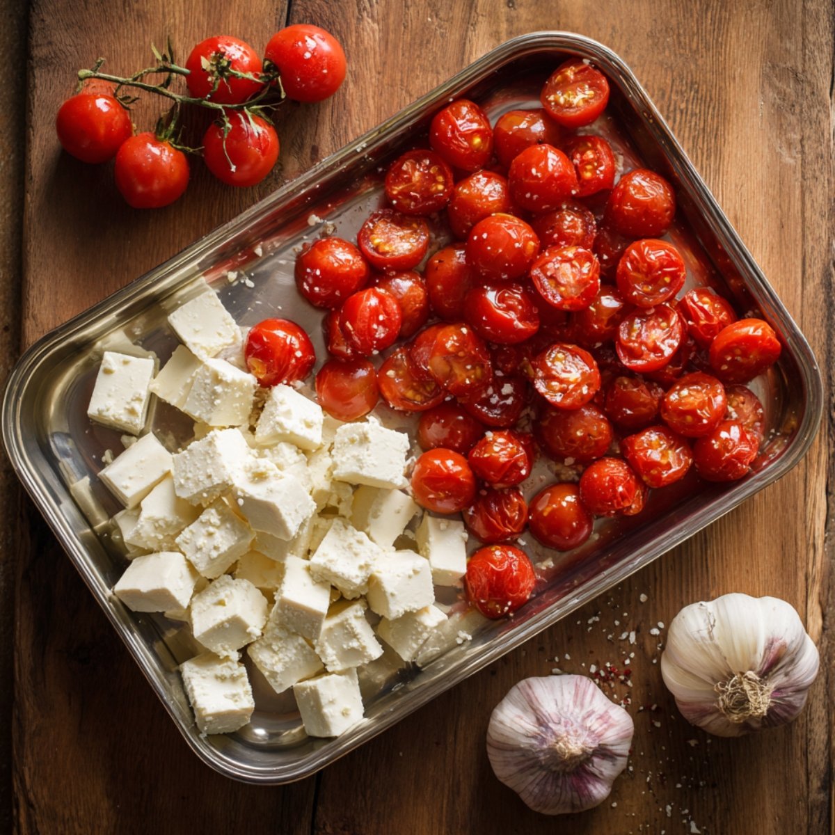 Uncooked feta cubes and halved cherry tomatoes on a metal baking tray, seasoned with salt and ready for baking. Fresh garlic and vine tomatoes are placed beside the tray.