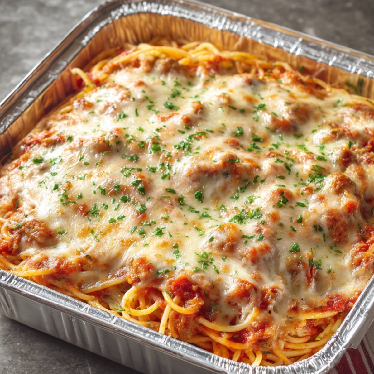 "A close-up of baked spaghetti with meatballs, topped with melted cheese and parsley, in a foil tray."