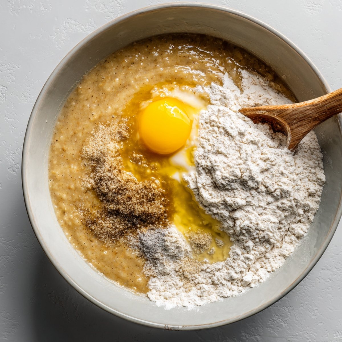 A mixing bowl filled with mashed bananas, flour, brown sugar, an egg, and melted butter, with a wooden spoon ready to mix the batter.