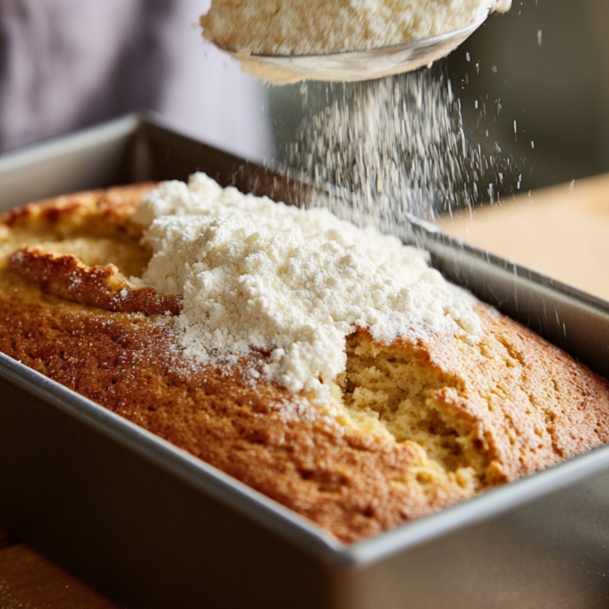 A loaf of banana bread in a baking tin being dusted generously with powdered sugar from a spoon above.