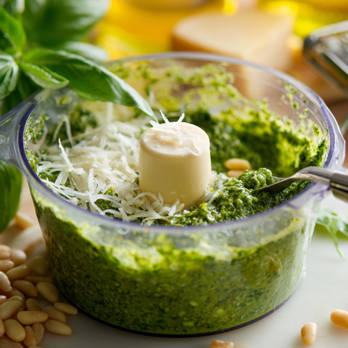 A food processor containing freshly blended basil pesto with grated cheese and pine nuts on top, surrounded by ingredients like basil and pine nuts.