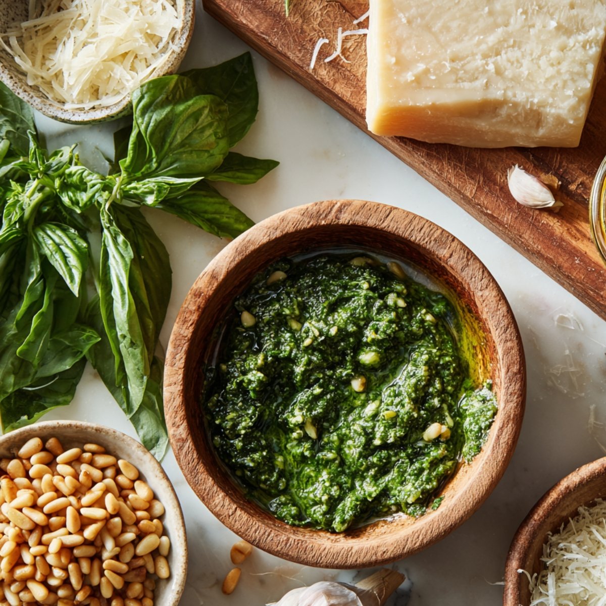 A wooden bowl filled with freshly made basil pesto, surrounded by basil leaves, pine nuts, garlic cloves, grated parmesan, and olive oil.