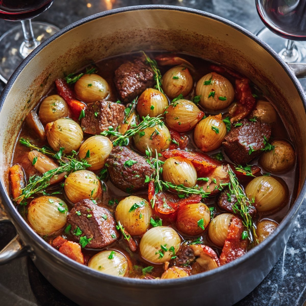 A large pot containing beef chunks, pearl onions, carrots, and herbs, all simmering in a rich brown sauce, with a glass of red wine beside it.
