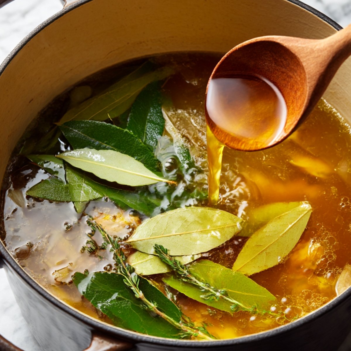 A pot filled with simmering broth, bay leaves, and thyme, with a wooden spoon pouring liquid into it.