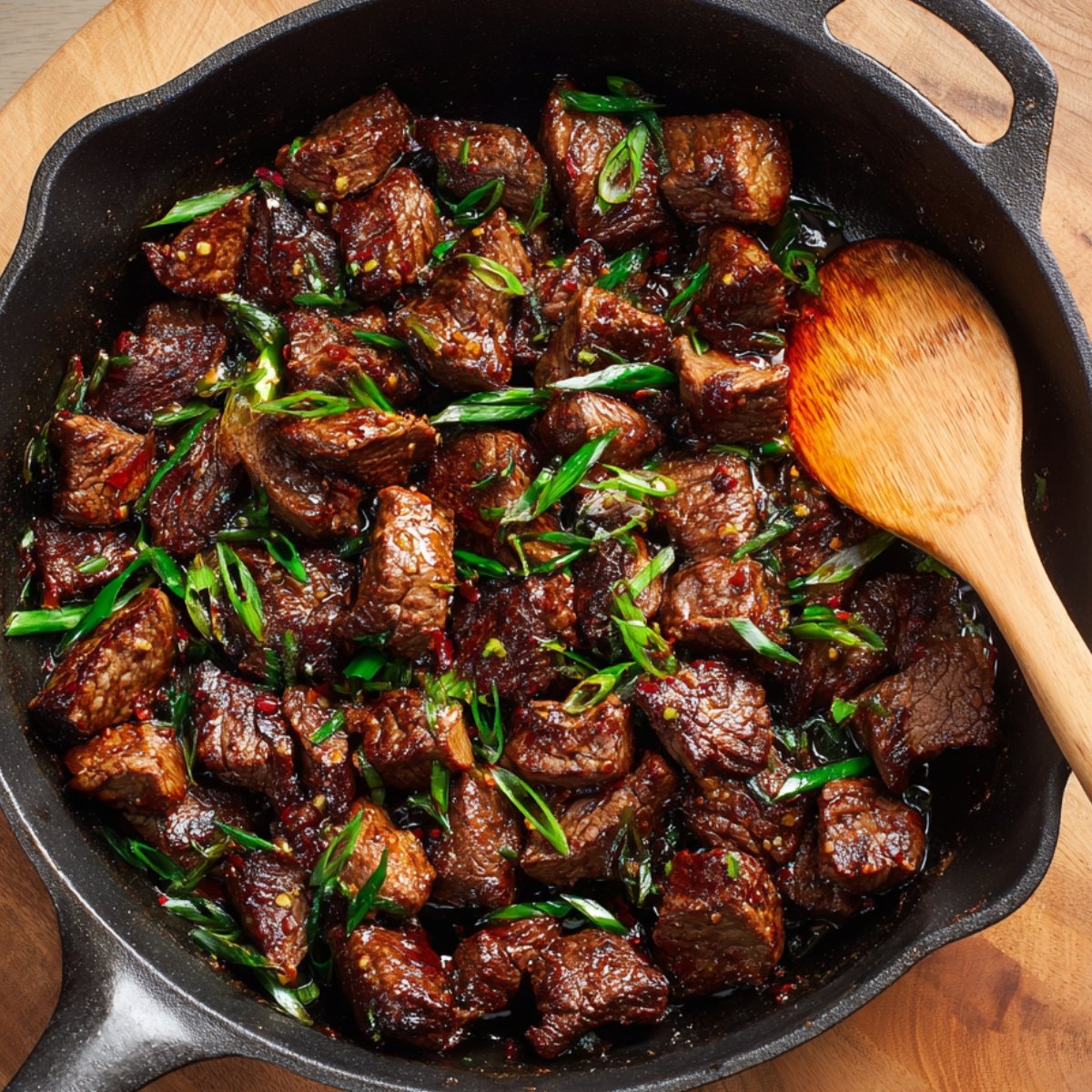 "Tender beef cubes in a rich sauce with green onions on top, cooking in a cast iron skillet."