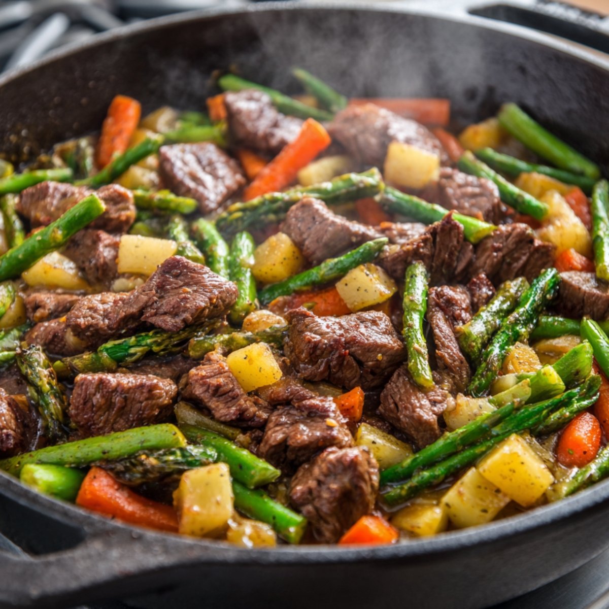 "Beef stew with asparagus, carrots, and potatoes sizzling in a cast iron pan."
