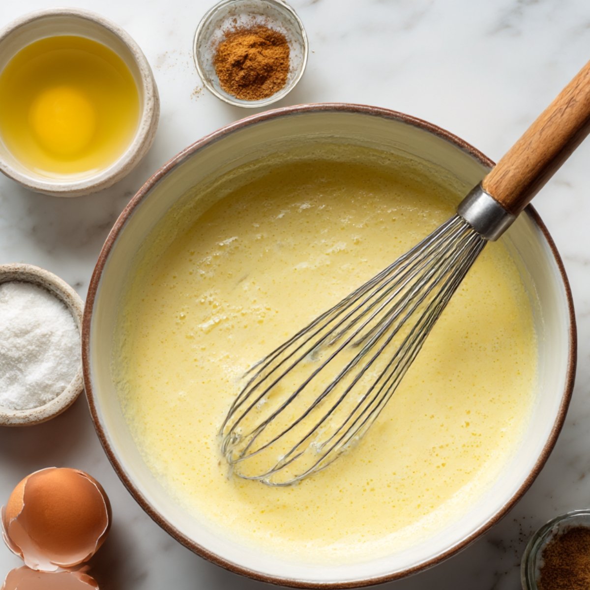Bowl of whisked custard mixture with a whisk inside, surrounded by ingredients like eggs, sugar, and cinnamon.