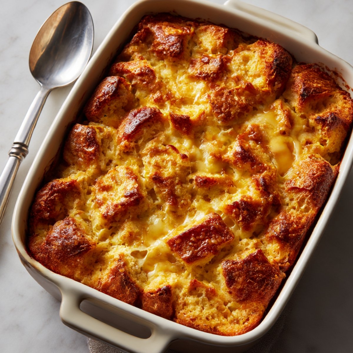 Golden-brown baked bread pudding in a white ceramic baking dish, with a serving spoon beside it.