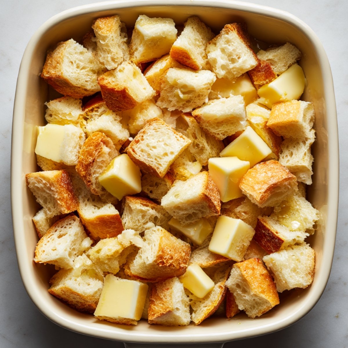 Buttered bread cubes layered in a baking dish, ready for custard.