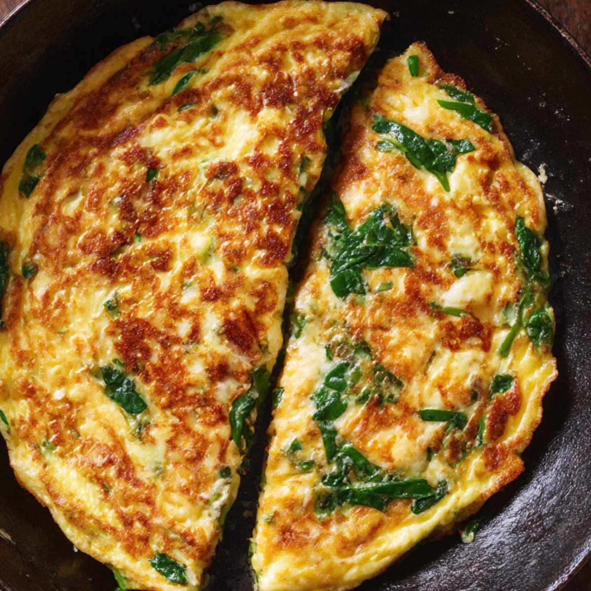 A close-up of a delicious spinach and cheese omelette, golden-brown and split in half, resting in a skillet.