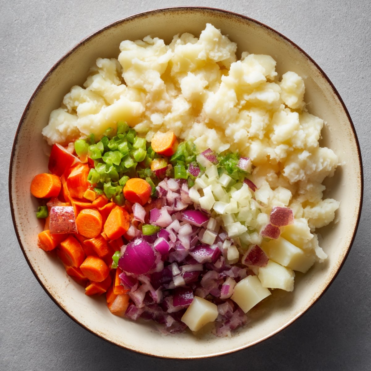 A bowl filled with mashed potatoes, diced carrots, green onions, celery, and red onions, prepared for a savory dish.