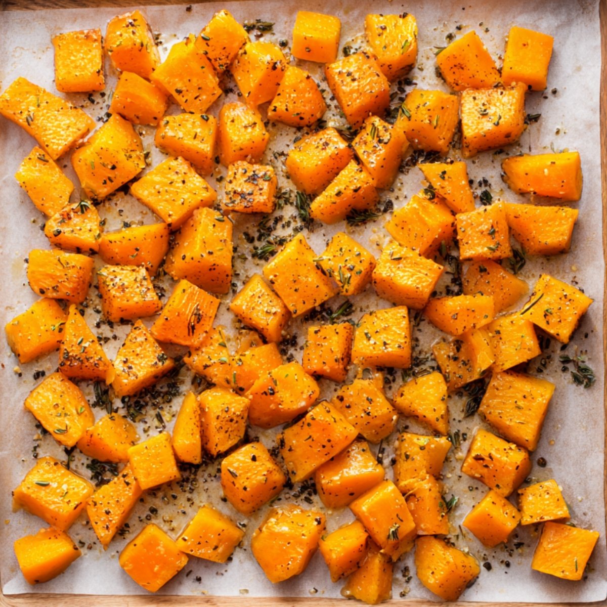 "Cubed butternut squash seasoned with herbs and spices, spread on a parchment-lined baking sheet for roasting."