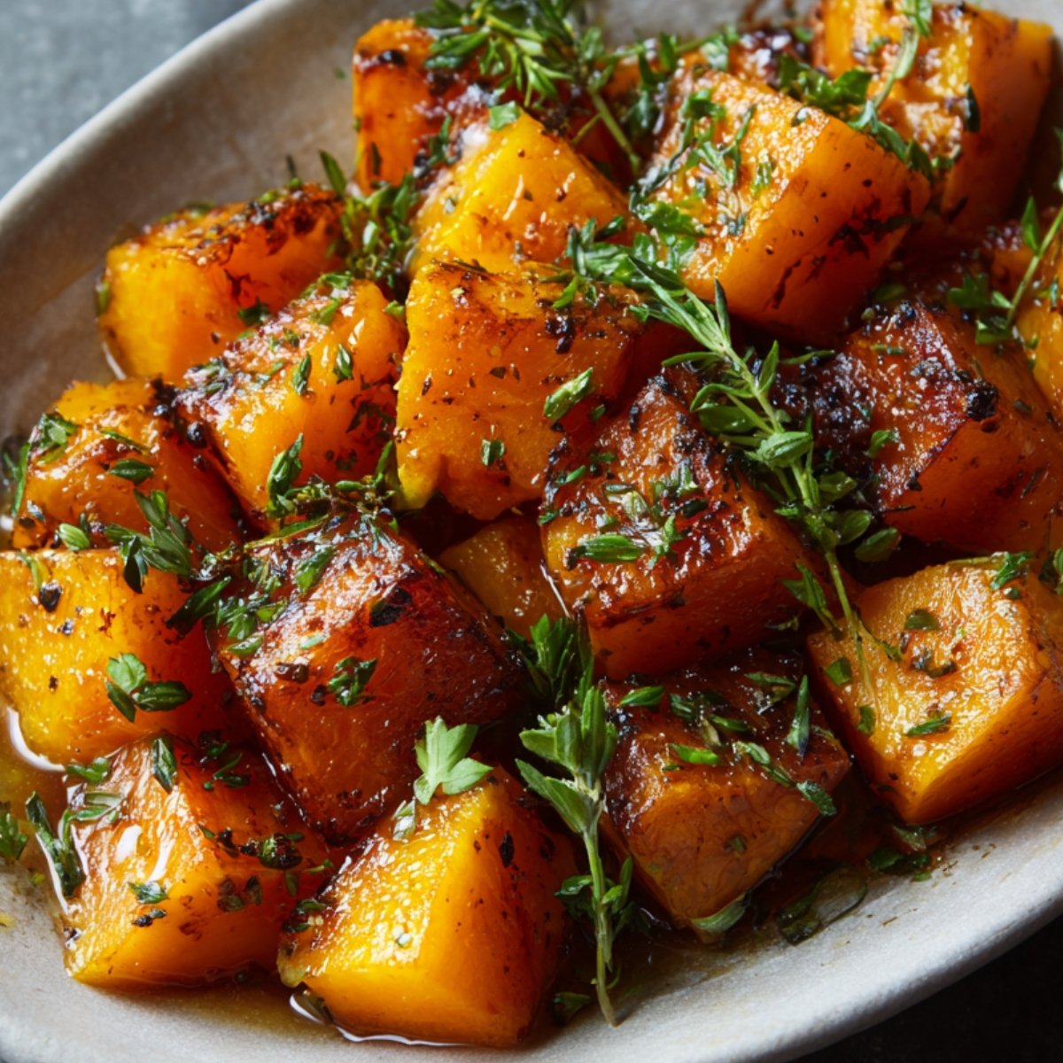 "Close-up of caramelized roasted butternut squash cubes topped with fresh thyme and parsley."