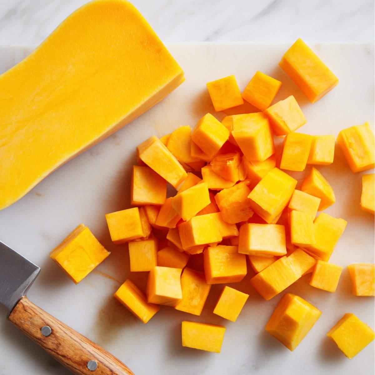 "Freshly cut raw butternut squash cubes on a white cutting board with a wooden-handled knife."