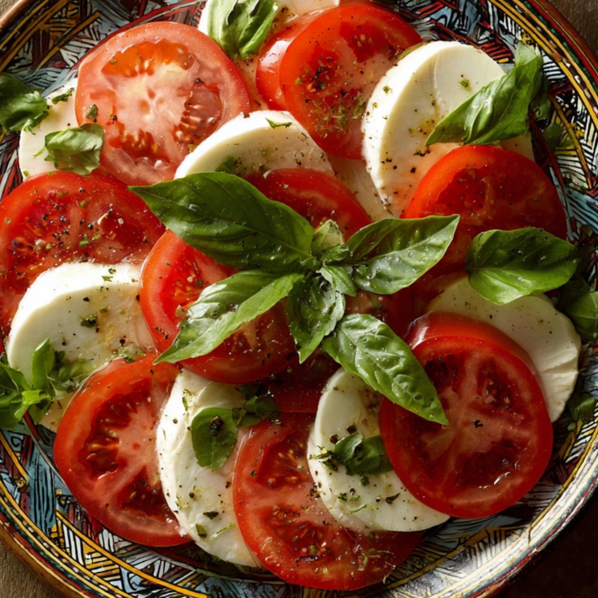 Traditional Caprese salad with sliced tomatoes, mozzarella, and fresh basil leaves on a decorative plate.