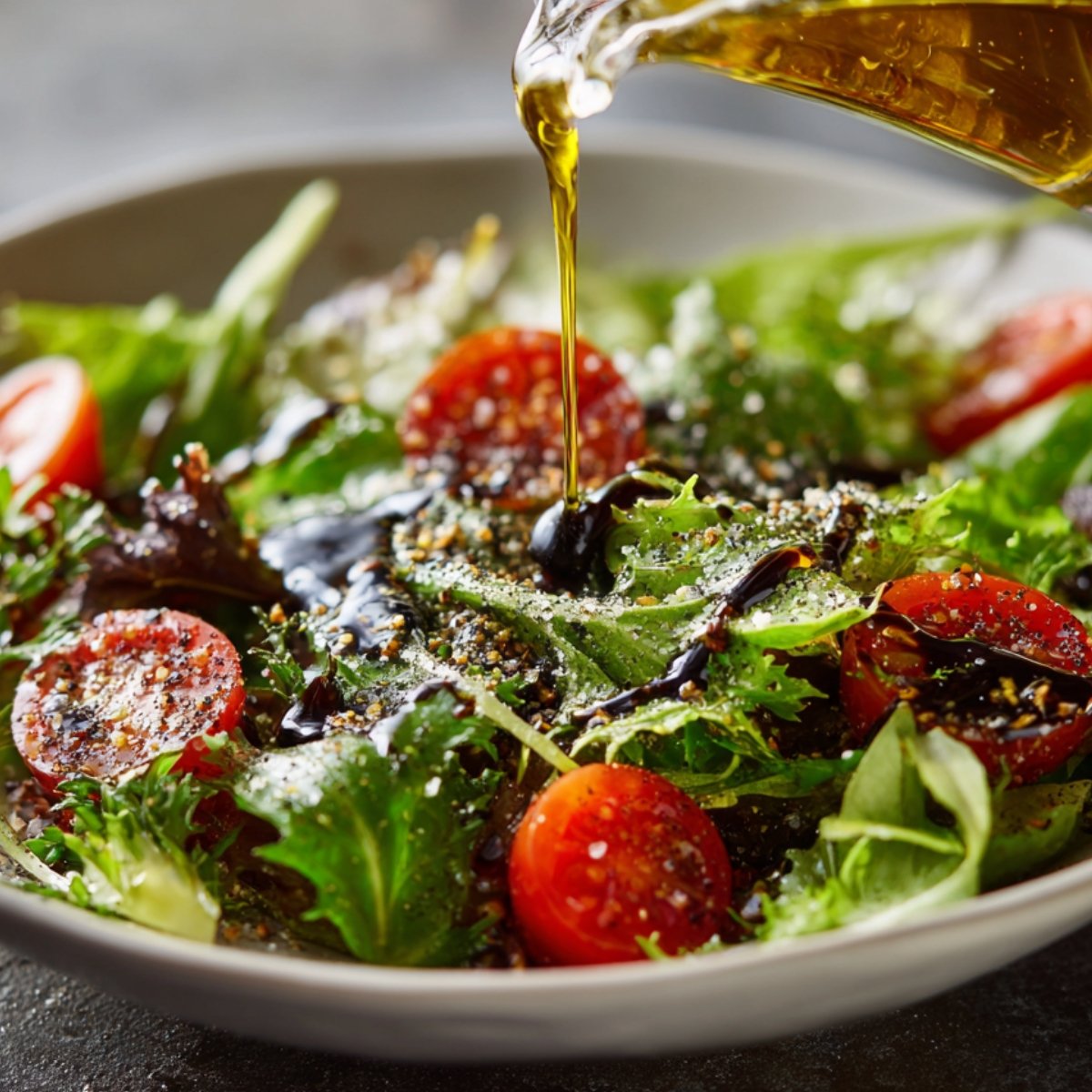 Fresh green salad with cherry tomatoes drizzled with olive oil and balsamic glaze.