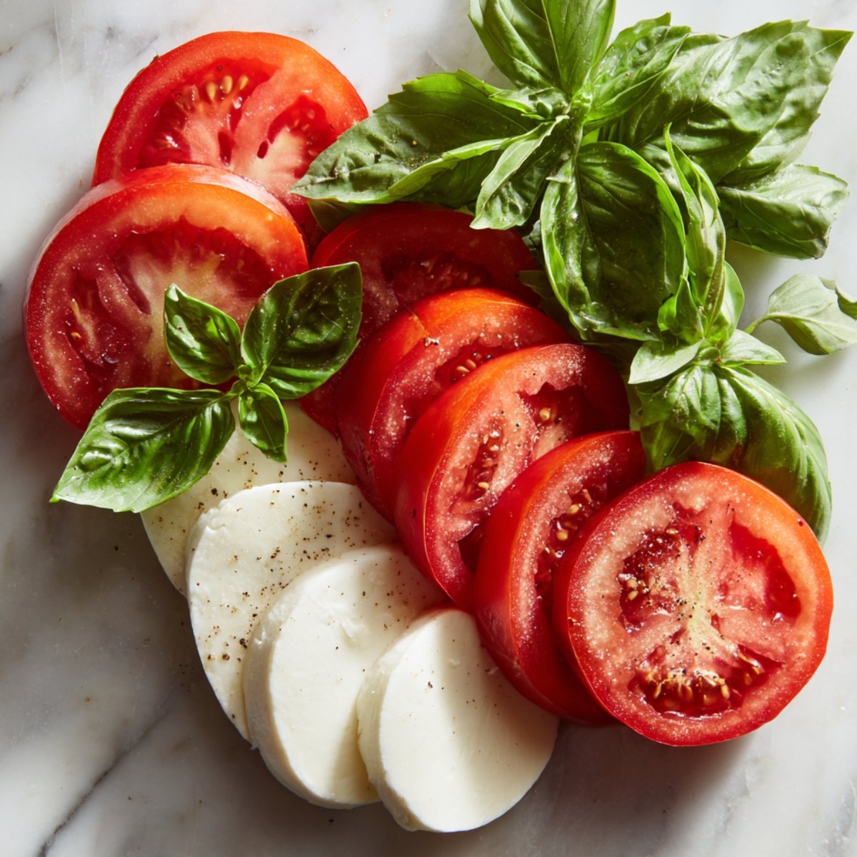 Sliced ripe tomatoes, fresh mozzarella, and basil leaves arranged neatly on a marble surface.