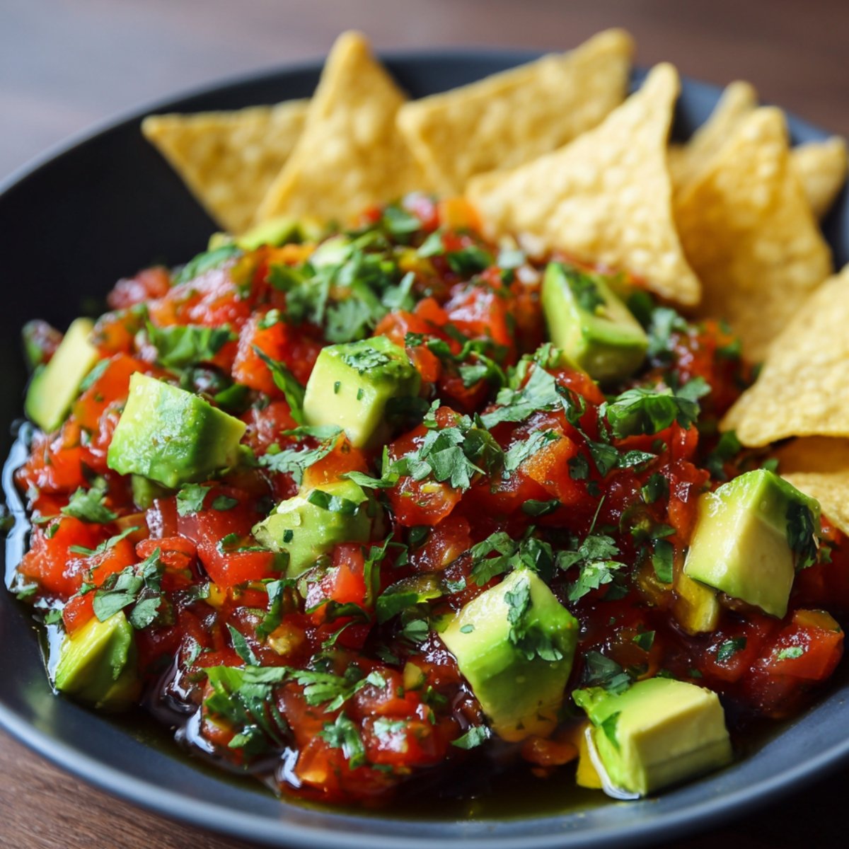 A bowl of fresh ceviche with chunks of avocado, tomatoes, and cilantro, served with tortilla chips.