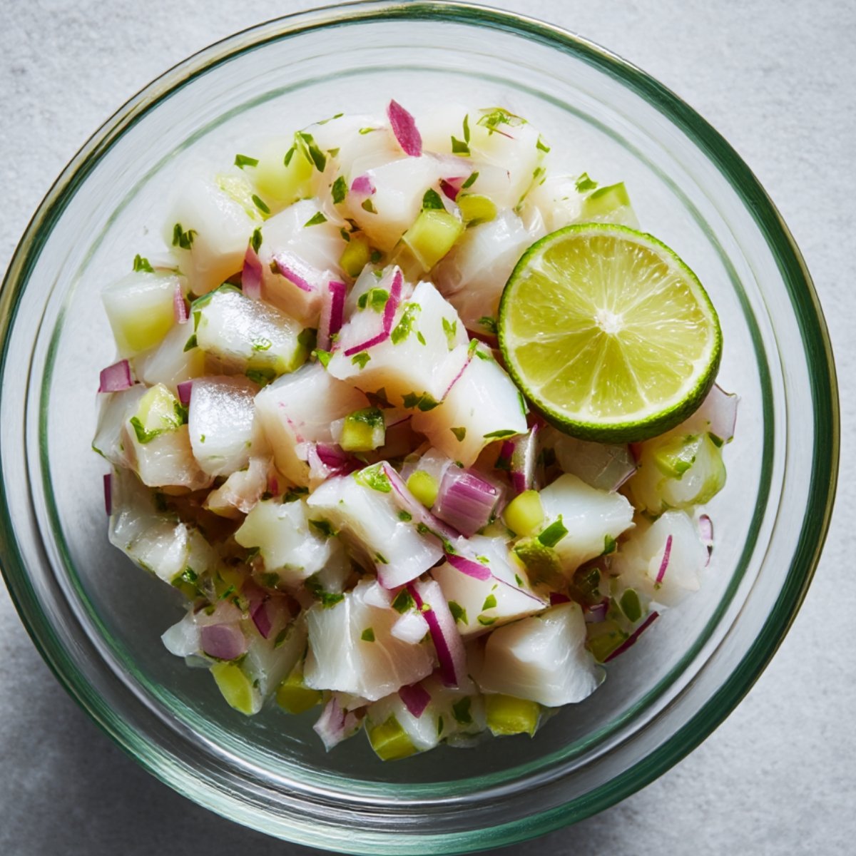 A bowl of ceviche made with fish, red onions, cilantro, and a slice of lime.