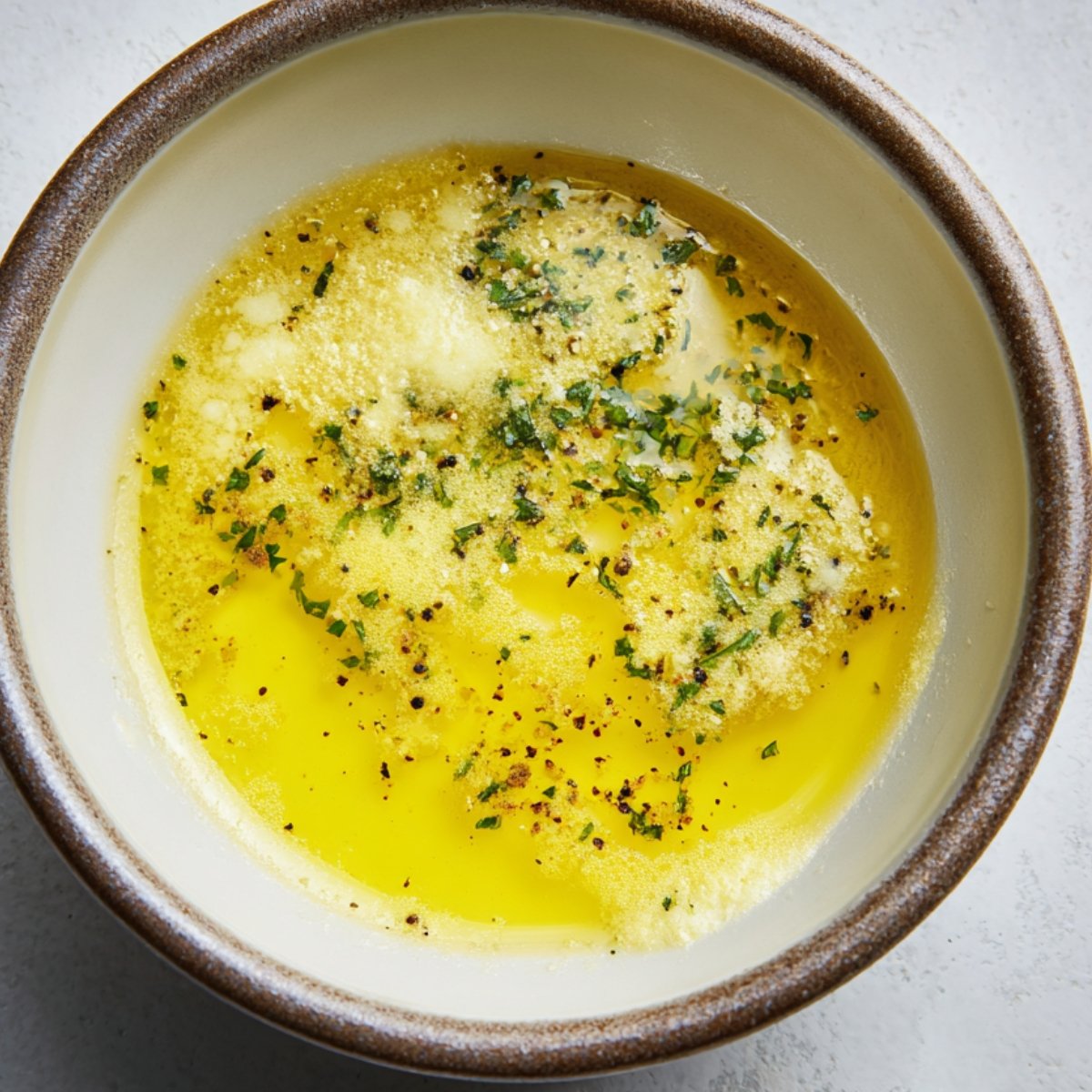 Bowl of melted garlic butter sauce with herbs, black pepper, and grated Parmesan cheese.