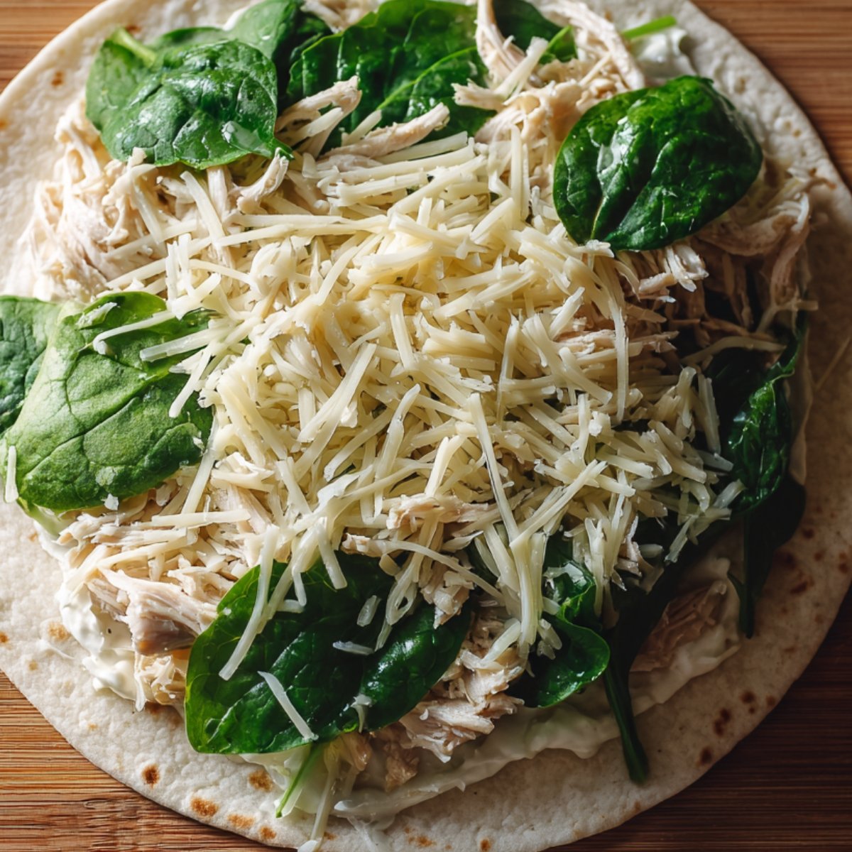 Flour tortilla topped with shredded chicken, fresh spinach leaves, shredded cheese, and a creamy spread.
