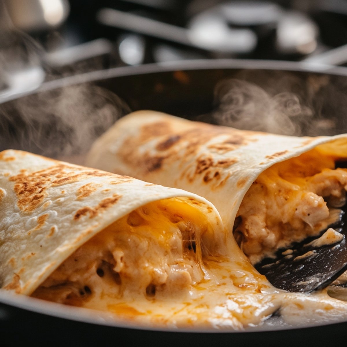 Two cheesy chicken wraps cooking in a skillet, golden brown tortillas with melted cheese oozing out.