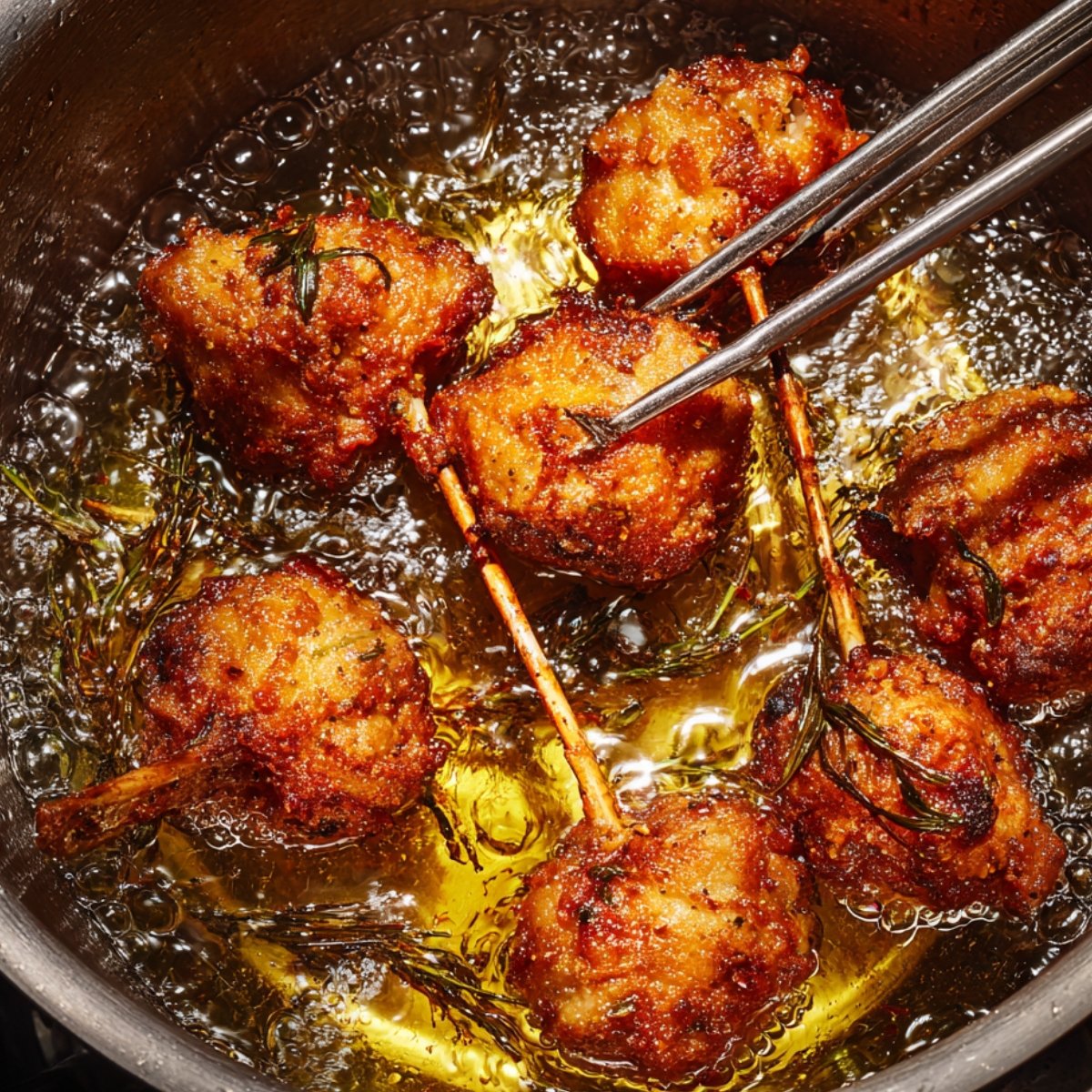 A batch of chicken lollipops being fried in hot oil, with golden-brown crispy texture forming on the outside.