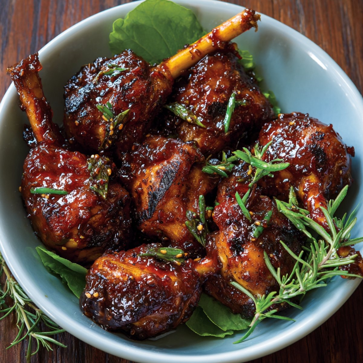 A close-up of a bowl filled with delicious, sticky, and glazed chicken lollipops garnished with fresh herbs like rosemary and chives.